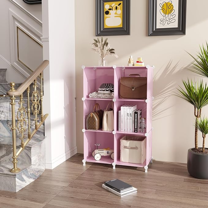AWTATOS Cube Storage Organizer, Closet Organizers, 6 Cube Shelf, Pink | Portable Closet Storage Shelves, DIY Stackable Storage Cubes Bookshelf, Plastic Clothes Organizer Shelving for Bedroom, Home