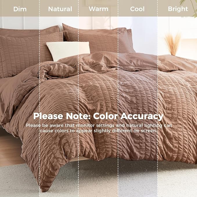 HYMOKEGE Mocha Mousse California King Comforter Set Seersucker 7 Pieces, All Season Luxury Bed in a Bag for Bedroom, Bedding Set with Comforter, Sheets, Pillowcases & Shams