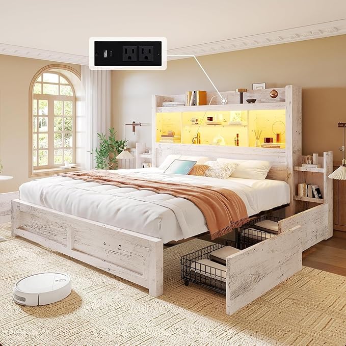 LUXOAK California King Bed Frame with Storage, Distressed White | 49.6" Headboard, Wood Platform Bed, Charging Station, Bedside Storage, 4 Storage Drawers, No Box Spring Needed, Farmhouse