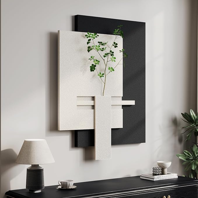 3D Black and White Abstract Wall Art, Modern Minimalist Artwork for Walls | Sandstone Textured Pictures, Layered Panle Design, Faux Plant, Decor for Living Room Bedroom Dining Room Office