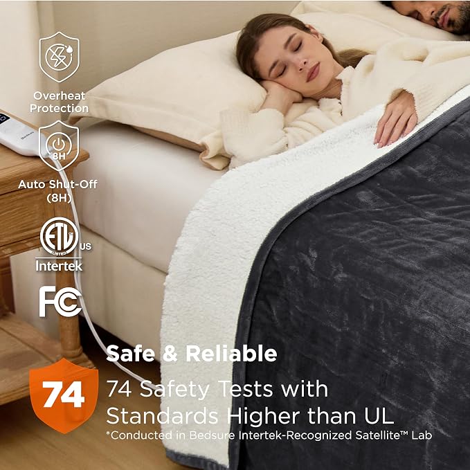 Bedsure Heated Blanket Full Size, Electric Blanket with Preheat, Dark Grey | 6 Heat/6 Timer Settings, 8H Auto Shut-Off, ETL/FCC, Flannel Sherpa, Machine Washable, Gifts for Grandma Grandpa, 72x84in