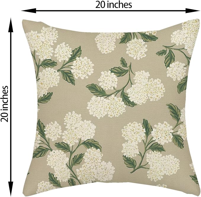 Beige Spring Pillow Covers 20x20 Inch 2 Pcs Khaki Green Hydrangea Flower Decor Throw Pillows Vintage Floral Seasonal Summer Outdoor Decoration Pillowcase Linen Cushion Cover for Couch Sofa