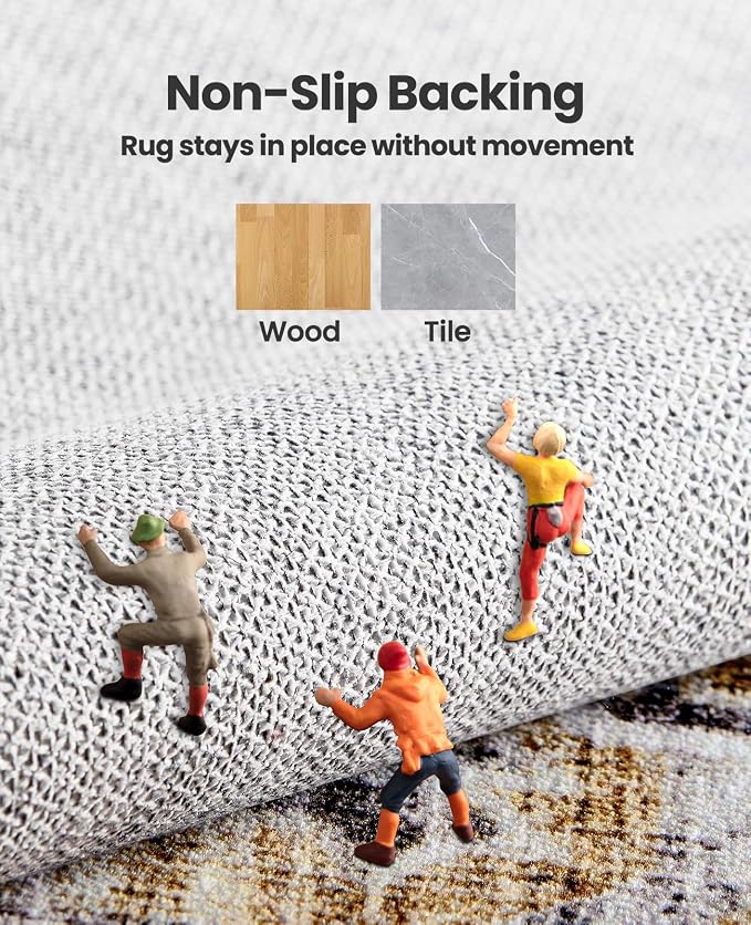 AMADA HOMEFURNISHING Washable Area Rug, Low-Profile Large Area Rug with Non-Slip Backing & Durable Edge Binding, Vintage Large Rugs for Living Room, Bedroom, Dinning Room, 8x10, Grey/Beige