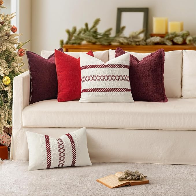 MIULEE Decorative Lumbar Throw Pillow Covers 12x20 Inch Burgundy Red 2 Pack | Farmhouse Pillow Covers with Stitched Edge, Soft Chenille Cushion Cases, for Couch Sofa Bed Living Room Home Decor