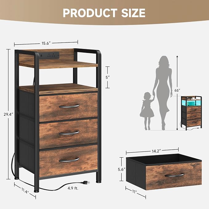 Lazzanto Nightstand with Rear Charging Station, LED Light, 3 Drawers, Brown | Industrial Nightstand, 2 USB-A Ports & AC Outlets, Raised Back Guard, Fabric Storage Drawers, Bedside Table for Bedroom, Dorm
