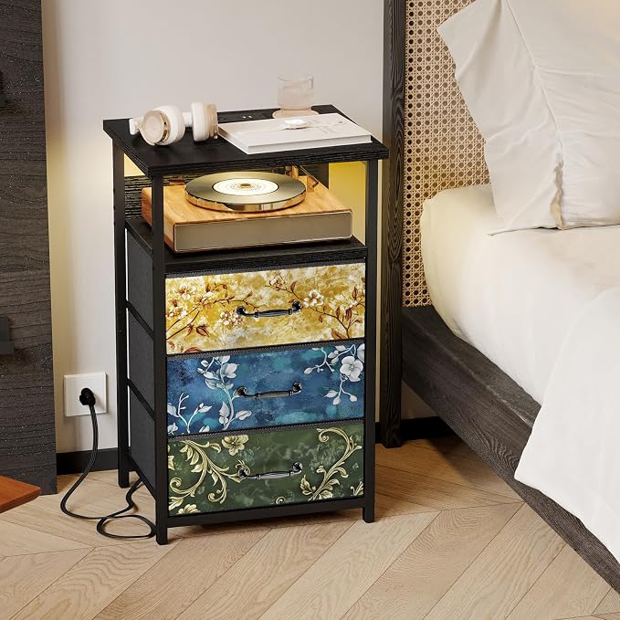 Fixwal Night Stand with 3 Fabric Drawers, Nightstand with Charging Station | vintage flower, led lights, built-in bedside charger, 2 AC outlets & 2 usb ports, 2 wooden shelves, bedroom furniture
