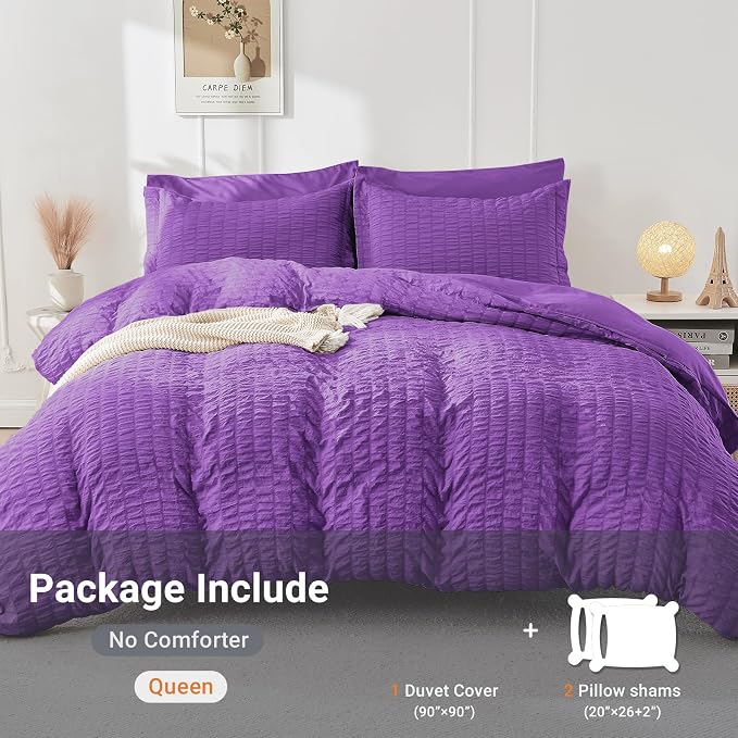 HYMOKEGE Dark Purple Duvet Cover King Size, Ultra Soft 3-Piece Seersucker Duvet Cover Set with Zipper Closure, Soft Brushed Microfiber Bedding Set with 8 Corner Ties (104"x90", 2 Pillowshams)