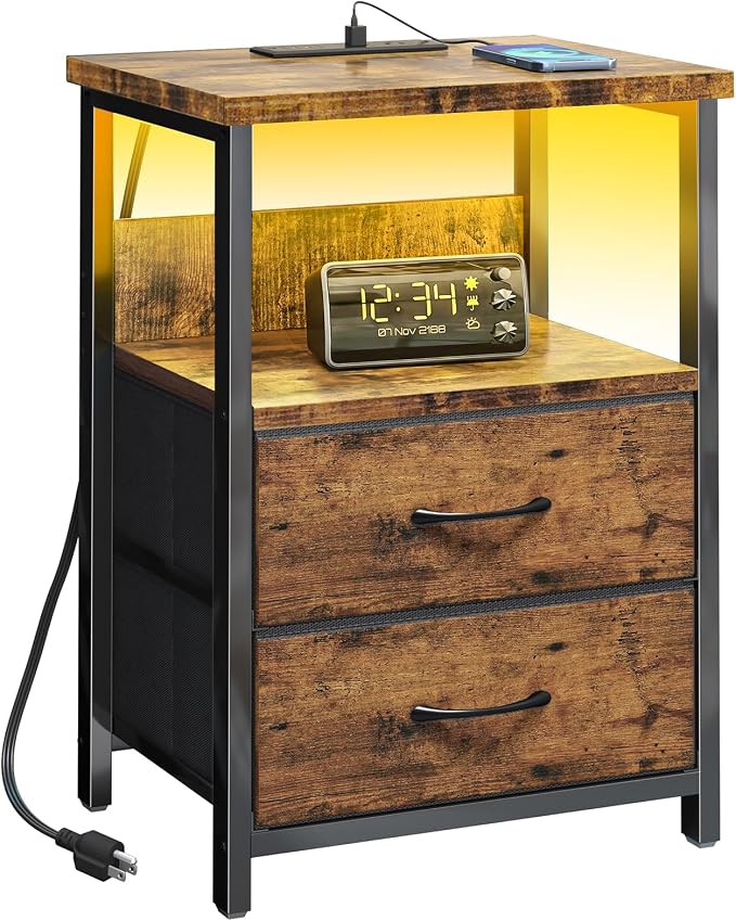 Fixwal Night Stand with Charging Station, Led Nightstand, 2 Fabric Drawers | rustic brown, built-in bedside charger, 2 AC outlets & 2 USB ports, open top shelf, small bedroom furniture, end table