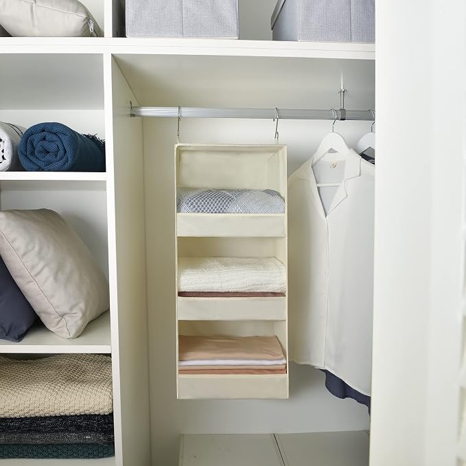 GRANNY SAYS 3-Shelf Hanging Closet Organizer, Foldable Storage, Beige | 33 lb Capacity, No-Sag Support, Keeps Clothes Neat, Folds Flat, Fits RV, Dorm & Small Closets