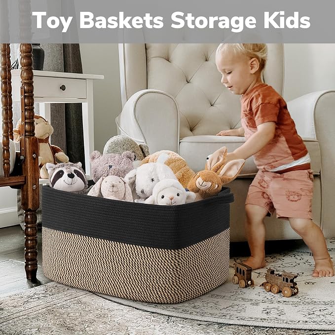 Goodpick 75L Extra Large Woven Blanket Basket, 22" x 17" x 12", Black Jute | Decorative Storage Basket for Blankets, Pillows & Toys, Living Room & Bedroom Organization, Nursery & Home Decor, Rectangle