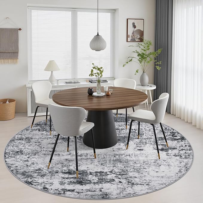 Round Area Rug Living Room: 5 ft Modern Washable Carpet Grey | For Bedroom Dining Room Farmhouse Nursery Hallway Office,Modern Abstract,Machine washable,Non-Slip,Stain Resistant,Indoor
