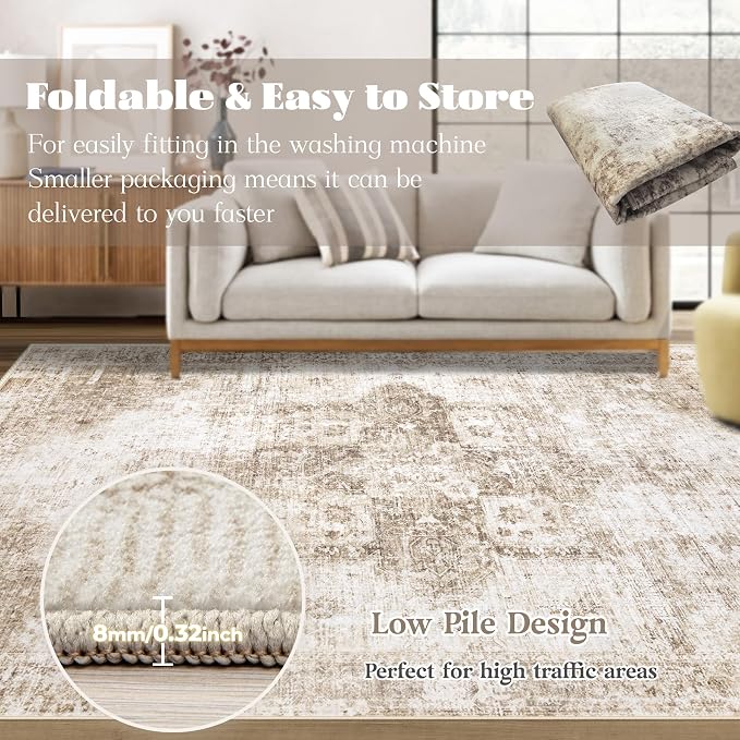 Area Rug 8x10 Washable Rug, Vintage Boho Medallion Rugs Non-Slip Soft Low Pile Large Distressed Rug Indoor Retro Carpet for Living Room Bedroom Dining Room Home Office (Brown, 8'x10')