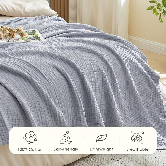 EMME Muslin Blankets for Adults Throw Blanket for Couch Breathable Gauze Soft Lightweight Airy Dusty Blue Throw XL 50" x 71"