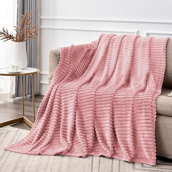 BEDELITE 3D Ribbed Jacquard Pink Fleece Throw Blanket for Couch, 50x70 Inch | Soft Warm Decorative Fluffy Blanket, Cozy Plush Lightweight Fuzzy Throw Blanket for Bed Sofa Home Room Decor, Gift for Women