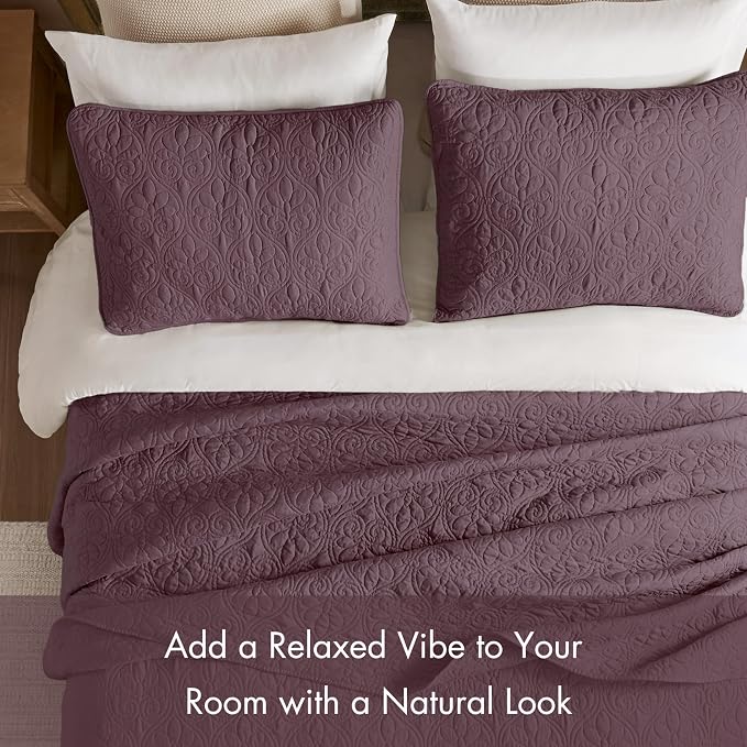 Madison Park King Quilt Bedding Set, Cottage-Inspired Damask, 3PC | All Season Quilted Coverlet, Classic Stitch Pattern Bedspread & Shams, Ultra Soft Microfiber Bedspread Set, Purple