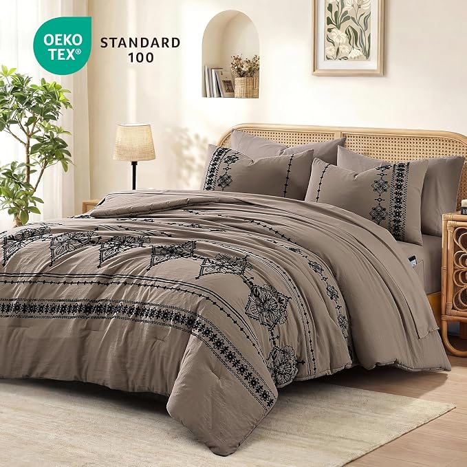 MaiRêve Queen Comforter Set Embroidery Floral 7 Pieces Bed in a Bag | Taupe Grey Boho Farmhouse Bedding Sets with Comforter, Sheets, Pillowcases & Shams