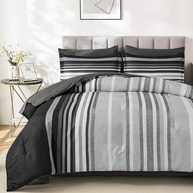 Dobuyly Grey Comforter Set King Size 7 Piece, Boho Striped Bed in a Bag King Soft Microfiber Dark Gray Bedding Sets with Comforter, Sheets, Pillowcases & Shams All Season