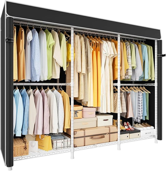 ULIFHOME E14C Pro Heavy Duty Closet Organizer System，Freestanding Clothing Racks for Hanging Clothes，Adjustable Garment Rack 69" W × 16" D × 77" H Hold 960 lbs，White Rack with Black Dustproof Cover