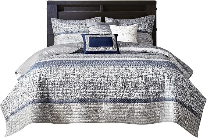 Madison Park Lustrous Jacquard Lightweight Navy King Quilt Set, 6pc | All Season Bedding Set, Glitter Accent Coverlet Set, Machine Washable, Cozy, Breathable, Soft, Modern, Casual