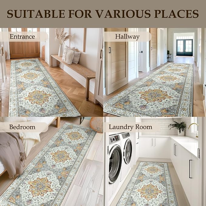 RELEANY Washable Area Rug, Runner 2'x10', Beige/Carbon Grey/Orange | Non-Slip, Water Repellent, Pet Friendly, Easy to Clean, Vintage Floral Boho Decor for Kitchen Hallway Bedroom Laundry