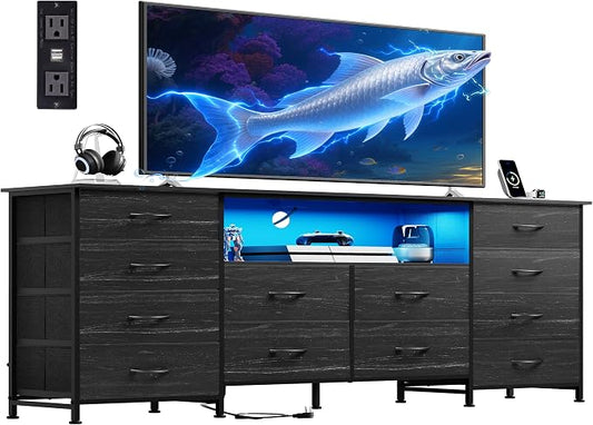 WLIVE Dresser TV Stand for 75 Inch TV, 12 Drawers, LED, Black Wood Grain | Fits TVs up to 75 inch, 12 fabric drawers, Built-in power outlet, Chest of drawers, Living room or bedroom