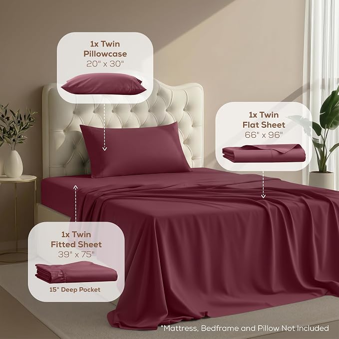 Twin Sheets Set, 3 Pieces 16" Deep Pocket Hotel Luxury Bed Sheets, Burgundy | Extra Soft Bedsheet Set, Comfy & Breathable Cooling Sheets, Wrinkle & Fade Resistant, Fitted Sheet, Flat Sheet, 1 Pillowcase