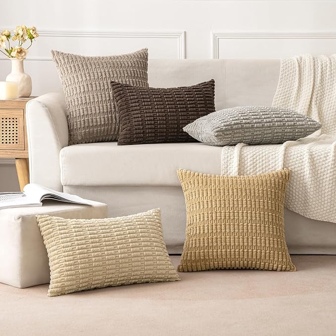 MIULEE Corduroy Decorative Throw Pillow Covers 20x20 Tan Pack of 2 | Soft Neutral Boho Striped Pillow Covers Modern Farmhouse Home Decor For Sofa Living Room Couch Bed