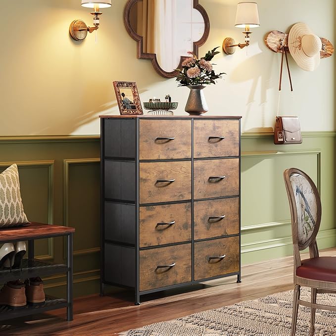 WLIVE 8 Drawer Fabric Dresser for Bedroom, Tall Storage Tower, Rustic Brown | 8-drawer tall storage tower with fabric bins and wood tabletop, breathable non-woven, perfect for bedroom closet dorm