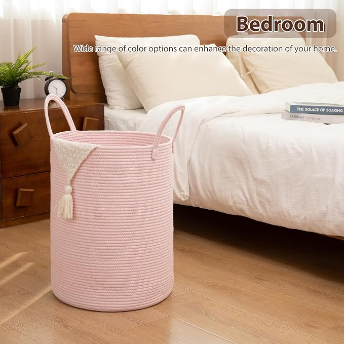 OIAHOMY 80L Nursery Hamper Laundry Basket Laundry Hamper Pink | collapsible Blanket Basket Cotton Rope Woven Basket Dirty Clothes Hamper Baby Hamper Tall Clothes Hamper with Handles