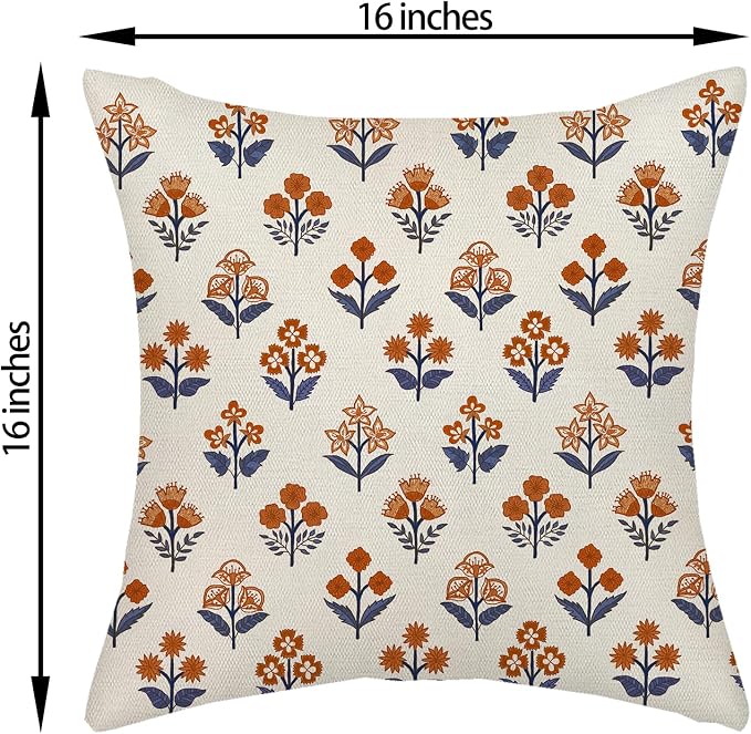 Fall Burnt Orange Blue Pillow Covers 16x16 Inch 2 Pcs Block Print Vintage Floral Decor Throw Pillows Boho Flower Summer Outdoor Seasonal Decoration Pillowcase Linen Cushion Cover for Couch Sofa