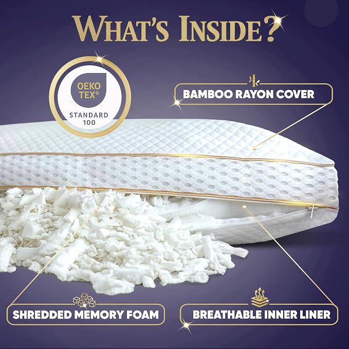 Royal Therapy King 4-Pack Memory Foam Pillow, Adjustable Shredded Odor-Free Cut-Out Bed Pillow for Neck & Shoulder Pain Relief, Breathable Support for Back, Stomach, Side Sleepers, BioForm