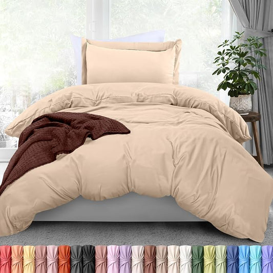 Duvet Cover Twin/Twin XL, 3 PC Cotton Like Polyester, Zipper Closure, Beige | Extra Soft and Breathable, Wrinkle & Fade Resistant, Includes Duvet Cover and 1 Pillow Sham, Comforter Not Included, OekoTex