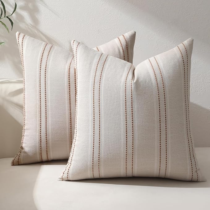 Hckot Caramel Throw Pillow Covers 22x22 Set of 2 Fall Pillow Covers | Textured Linen Striped Decorative Pillows Square Cushion Covers for Sofa Couch Bed Living Room Farmhouse Decor