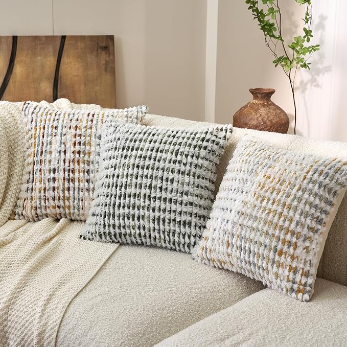 Aeckself Boho Chenille Tufted Pillow Cover 24 x 24 Inch, Decorative Square Big Throw Pillow Cover Neutral Pillowcase for Couch Bedroom Living Room, Orange White