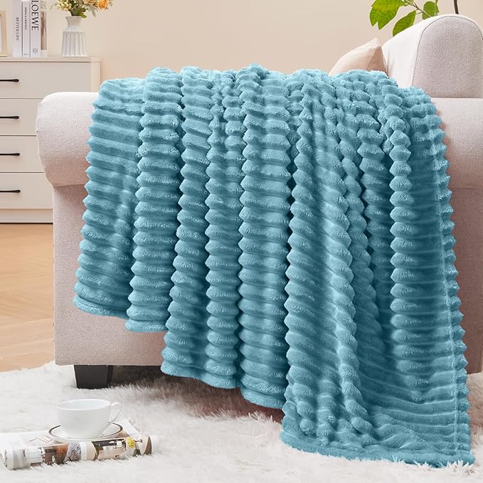 BEDELITE 3D Ribbed Washed Blue Fleece Twin Blanket for Couch, 60x80 Inch | Soft Warm Fluffy Throw Blanket for Bed Sofa College Dorm Room Decor, Luxury Cozy Plush Gifts for Women Girls, Lightweight