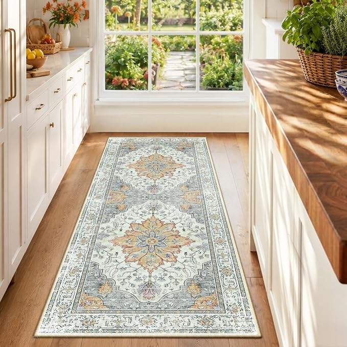 RELEANY Washable Area Rug, Runner 2'x6', Beige/Carbon Grey/Orange | Non-Slip, Water Repellent, Pet Friendly, Easy to Clean, Vintage Floral Boho Decor for Kitchen Entry Bedroom Bedside Laundry
