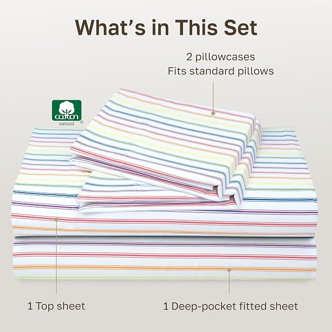 California Design Den Soft 100% Cotton Sateen Queen Sheet Set Deep Pocket | 400 Thread Count Backed by Good Housekeeping Seal, 16" Deep Pocket, All-Around Elastic, Durable - Rainbow Stripe Print