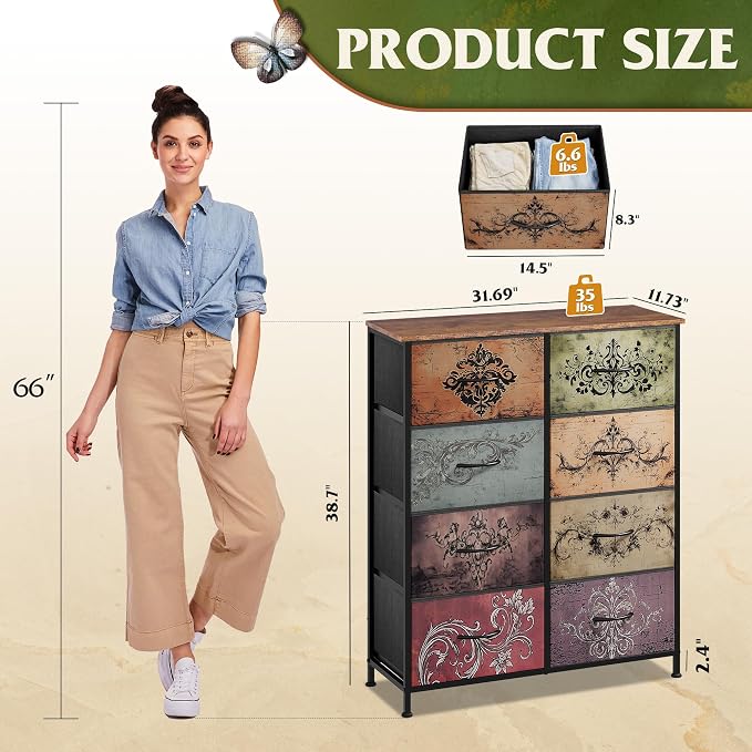 WLIVE 8 Drawer Fabric Dresser for Bedroom, Tall Storage Tower, Pattern | 8-drawer tall storage tower with fabric bins and wood tabletop, breathable non-woven, perfect for bedroom closet dorm