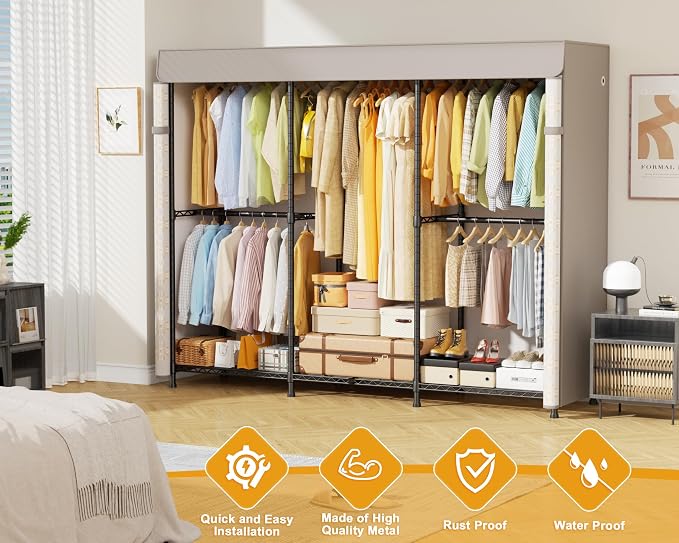 ULIFHOME E14C Pro Heavy Duty Closet Organizer System (Brand Custom) | Freestanding Adjustable Garment Racks for Hanging Clothes，69"W × 16"D × 77"H Max 960lbs，Black Rack with Classic Pattern Cover