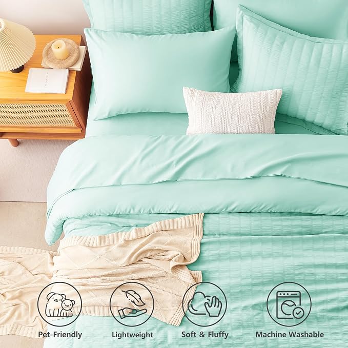 King Size Comforter Set 7 Pieces Mint Green Seersucker Bed in a Bag | OEKO-TEX Certified, All Season Bedding Set with 240 GSM Down Alternative Comforter, Flat & Fitted Sheets, Pillowcases & Shams