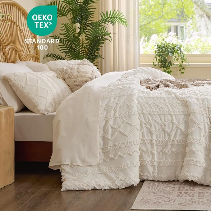 BEDELITE Twin XL Comforter Set 5 Pieces,Boho Bed in a Bag,Cream White | Tufted Bed Set for All Seasons,Soft Farmhouse-Style Embroidery Bedding,Includes Flat & Fitted Sheets,1 Pillowcase & 1 Sham