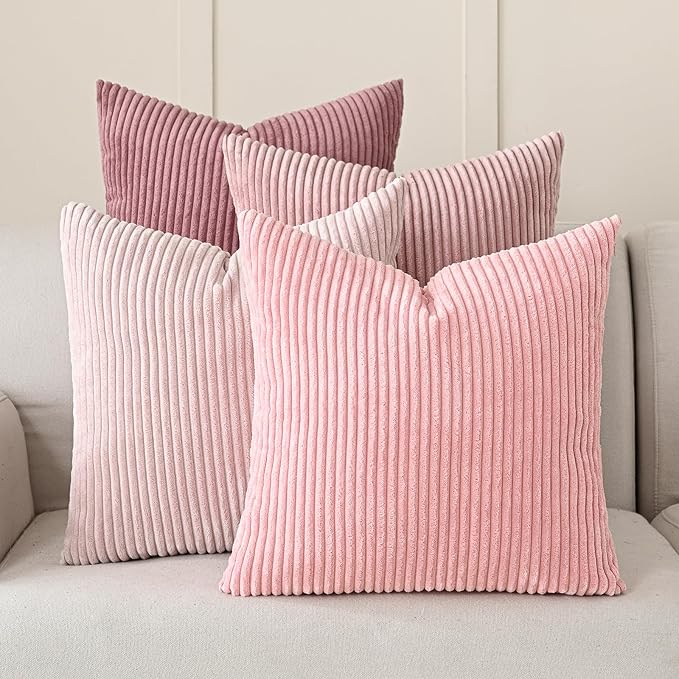 Volcanics Set of 4 Pink Corduroy Couch Throw Pillow Covers 18x18 in | Decorative Valentine's Day Farmhouse Striped Cushion Cases, Soft Boho Square Accent Pillow Covers for Home Sofa