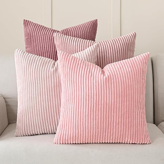 Volcanics Set of 4 Pink Corduroy Couch Throw Pillow Covers 20x20 in | Decorative Valentine's Day Farmhouse Striped Cushion Cases, Soft Boho Square Accent Pillow Covers for Home Sofa