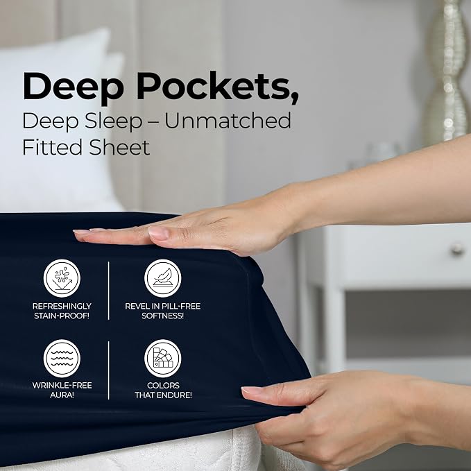 Queen Fitted Sheet, Ultra Soft Fits Up to 16 Inch Deep Pocket, Navy | Hotel Comfort, Cooling & Breathable Cotton like Polyester, Easy Fit, Wrinkle & Fade Resistant, Snug Fit, Easy Care, Oeko-Tex