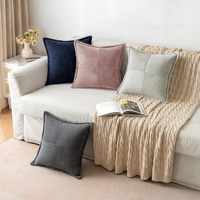 MIULEE Decorative Throw Pillow Covers for Couch 16x16 Inch Blush Pink | 2 Pack, Boho Broadside Striped Patchwork Pillow Covers, Soft Corduroy Cushion Cases, For Sofa Bed Livingroom Home Decor
