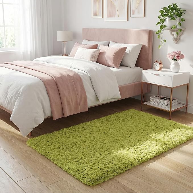 Soft Modern Indoor Large Shaggy Rug for Livingroom Bedroom Dorm Kids Room Home Decorative, Non-Slip Plush Fluffy Furry Fur Area Rugs Comfy Nursery Accent Floor Carpet 3x5 Feet, Green