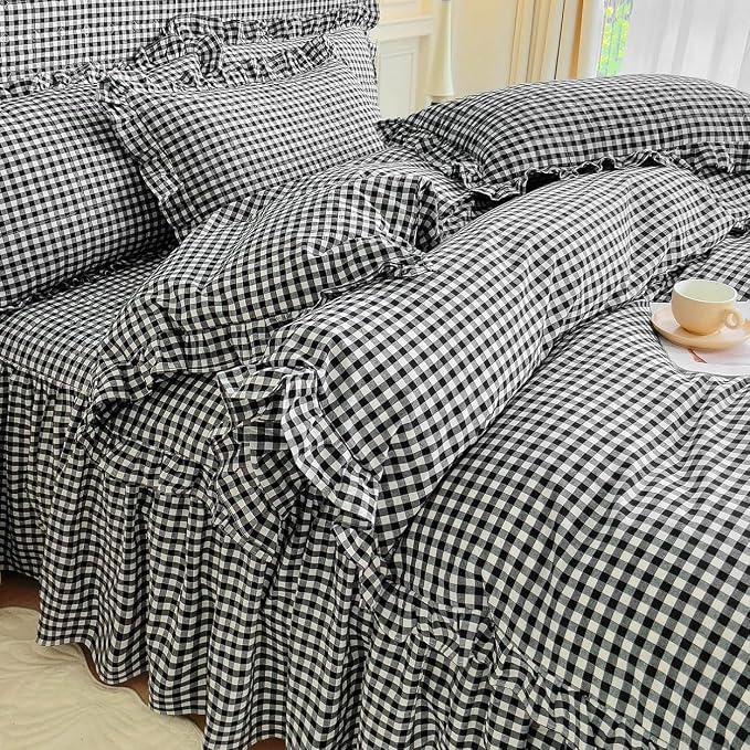 LifeTB Black Gingham Comforter Set Full Size Ruffle Plaid Checkered Pattern Comforter Farmhouse Plaid Gingham Bedding Comforter Set with 2 Pillowcases Luxury Soft Fluffy Grid Bedding Set Full Size