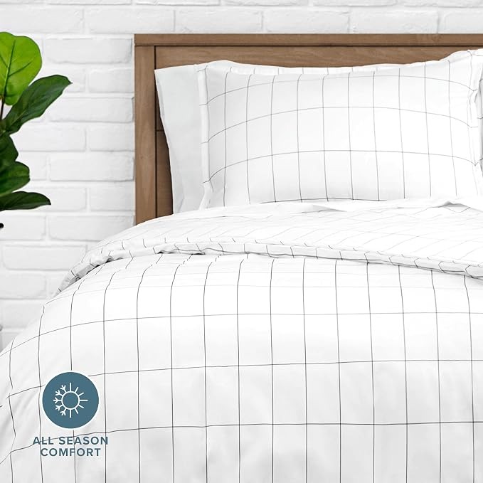 Bare Home Duvet Cover Set 1800 Ultra-Soft (Twin/Twin XL, Grid - White/Grey) | Lightweight, Cooling, Breathable, Premium 1800 Ultra-Soft, All-Season