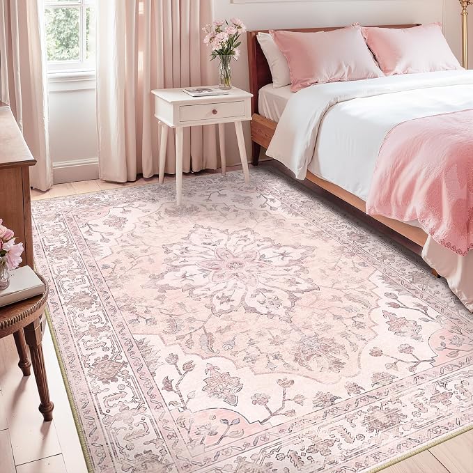 RELEANY Washable Area Rug, 5'x8', Pink | Non-Slip, Water Repellent, Pet Friendly, Easy to Clean, Vintage Floral Boho Decor for Living Room Bedroom Dining Room Office