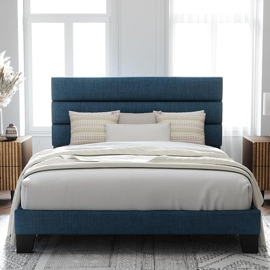 Allewie Queen Size Platform Bed Frame with Fabric Upholstered Headboard | Wooden Slats Support, Fully Upholstered Mattress Foundation, No Box Spring Needed, Easy Assembly, Noise-Free, Blue